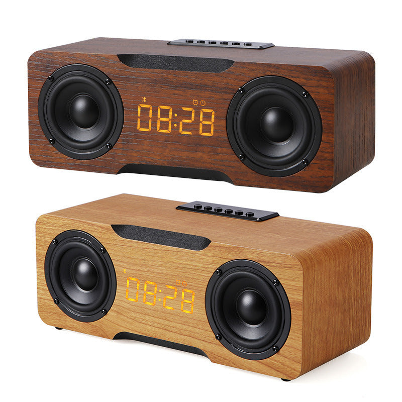 Enceinte Bluetooth en bois avec horloge et support carte TF / clé USB, haut-parleur de bureau design.