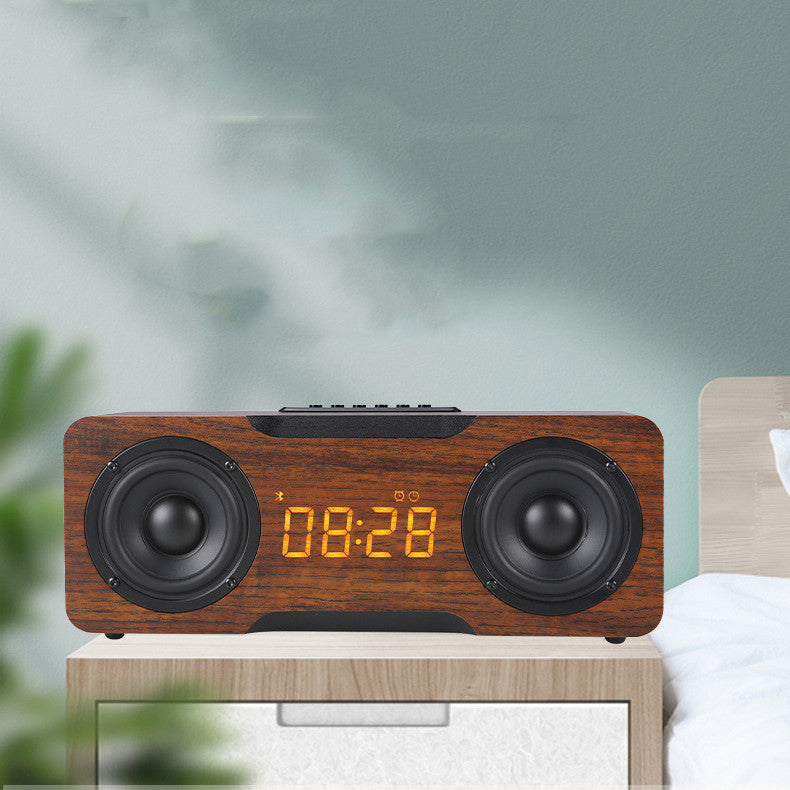 Enceinte Bluetooth en bois avec horloge et support carte TF / clé USB, haut-parleur de bureau design.
