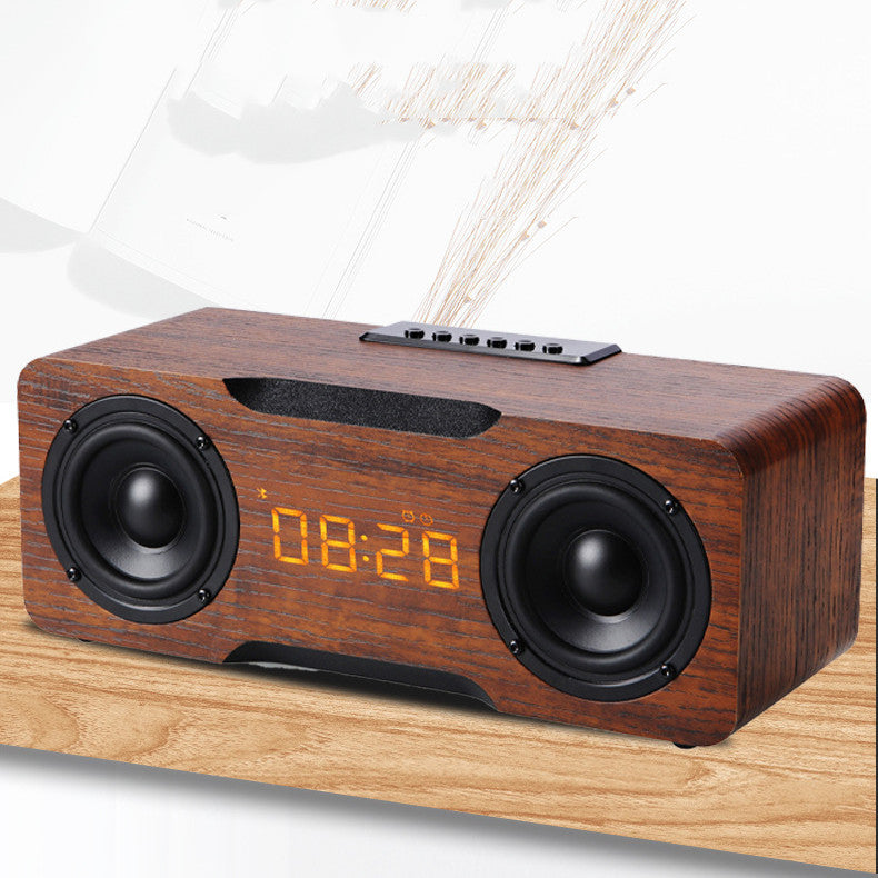 Enceinte Bluetooth en bois avec horloge et support carte TF / clé USB, haut-parleur de bureau design.